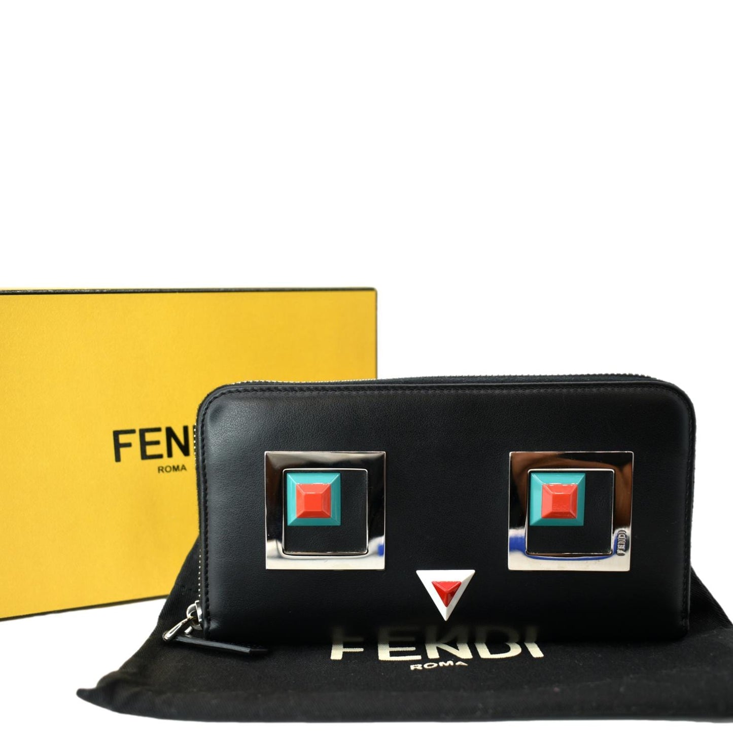 FENDI Century Hypnoteyes Continental Vitello Leather Zip Around Wallet Black