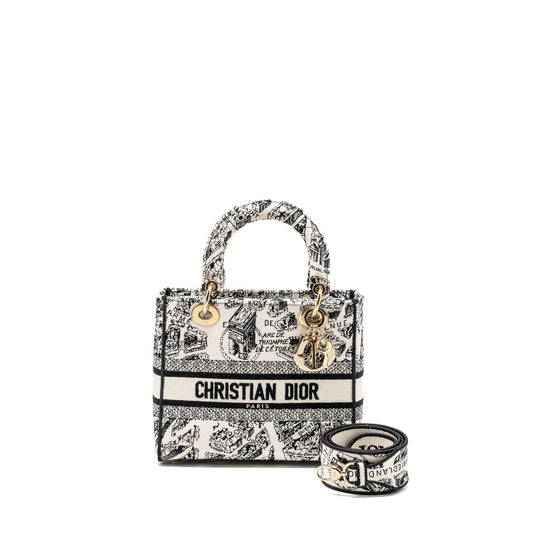 Dior Medium Lady D-lite Purse Plan De Paris Embroidery Canvas Black/White