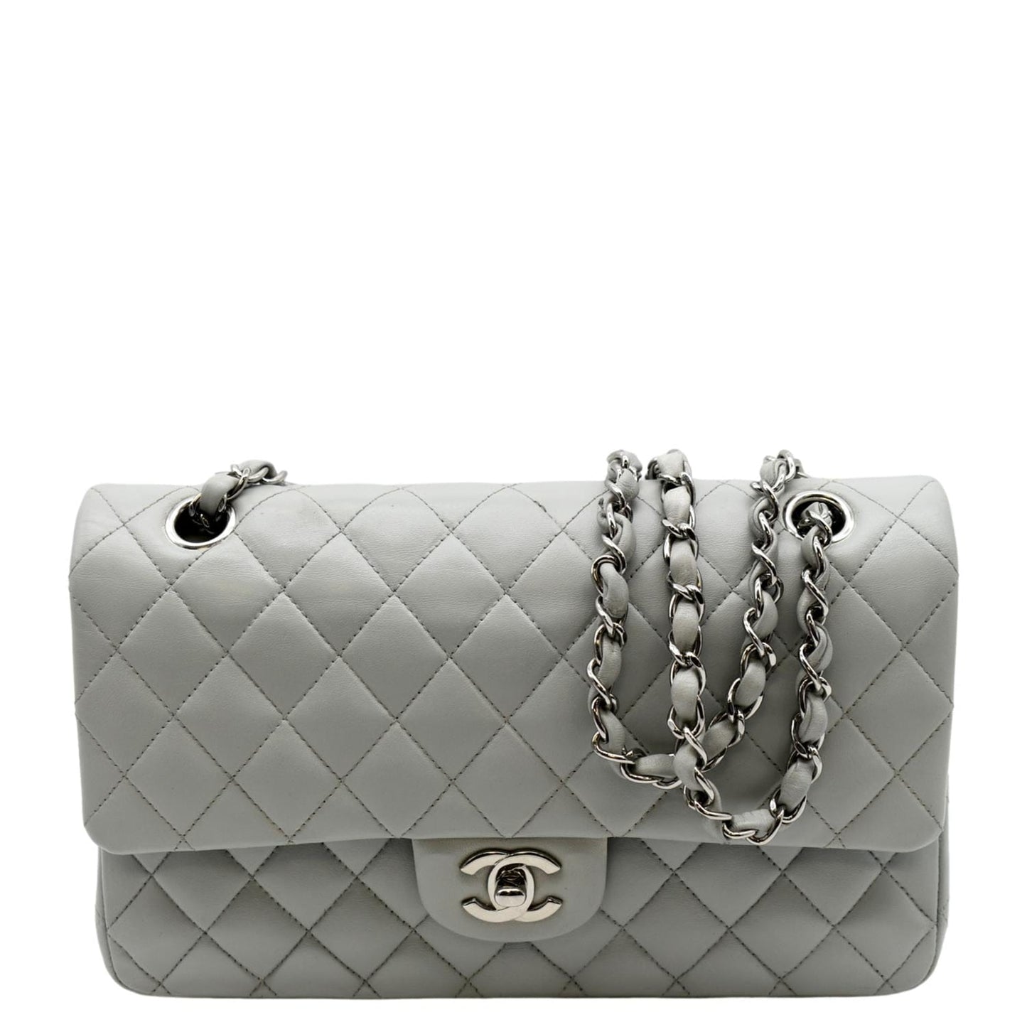 CHANEL Medium Double Flap Calfskin Leather Shoulder Bag Grey