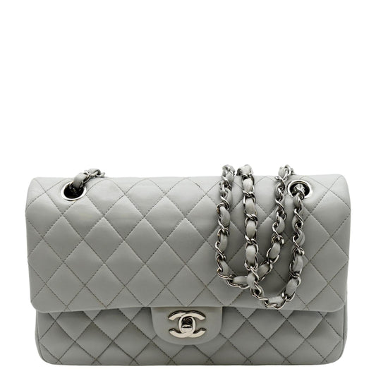 CHANEL Medium Double Flap Calfskin Leather Shoulder Bag Grey