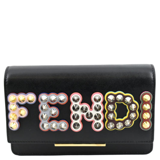 FENDI Studded Logo Woc Leather Crossbody Clutch Black