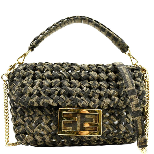FENDI Mini Baguette Woven Jacquard Fabric Shoulder Bag Brown