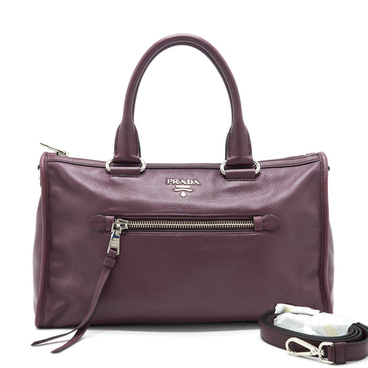 Prada Vitello Phenix Bauletto Tote Purse Grained Calfskin Burgundy