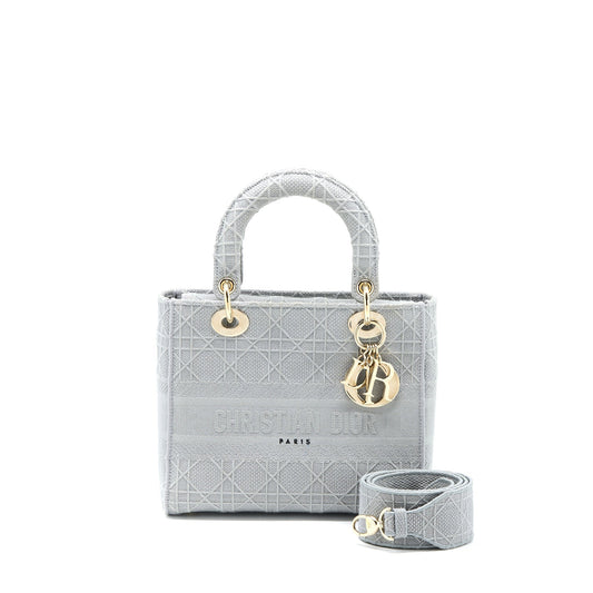 Dior Medium Lady D-lite Purse Cannage Embroidery Grey