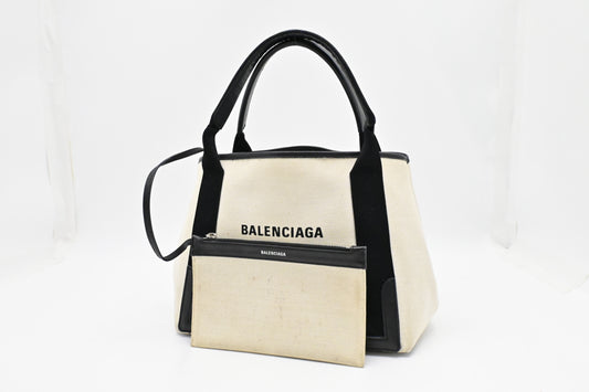 Balenciaga Medium Navy Cabas Tote in Ecru and Black Canvas