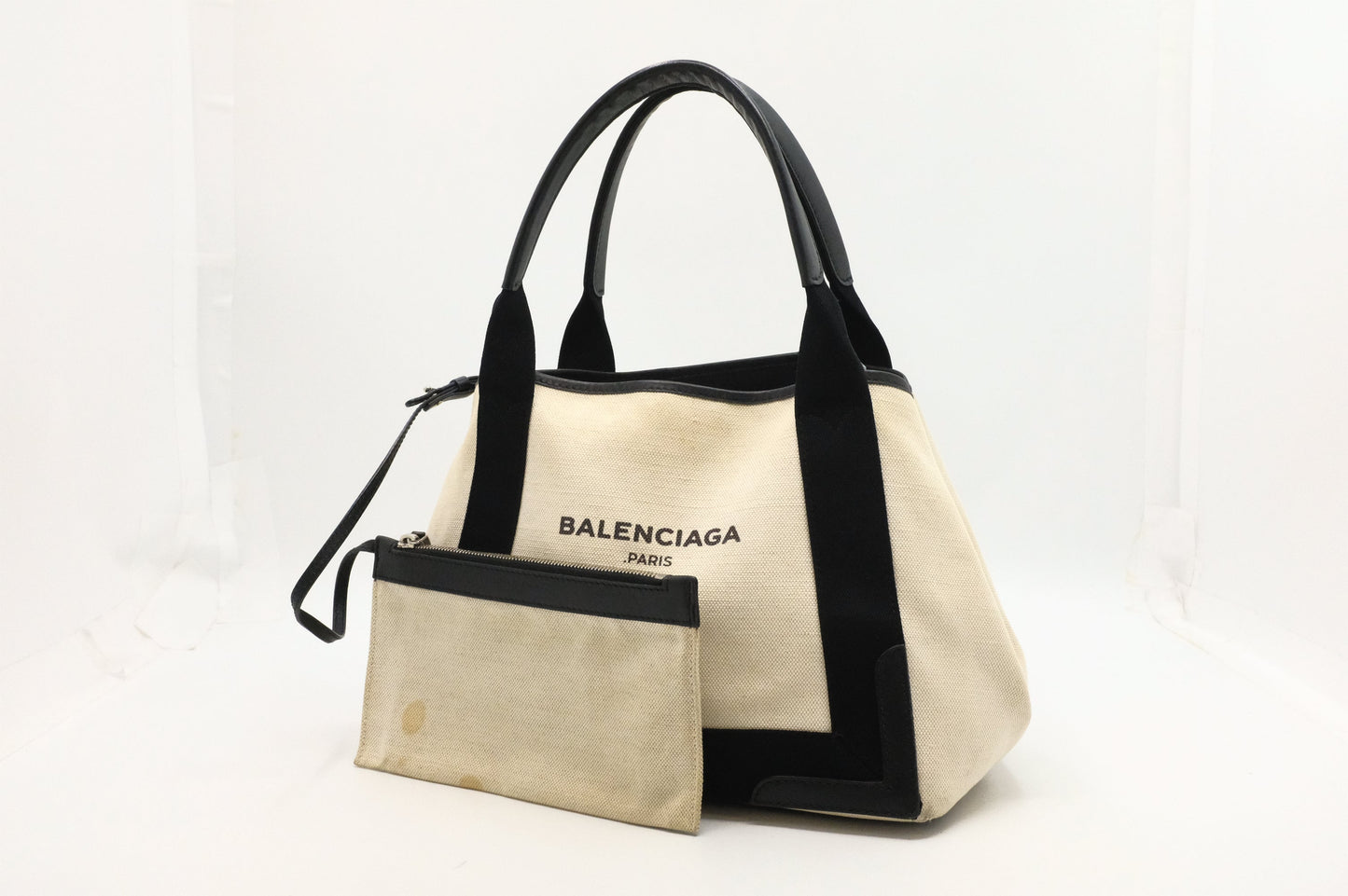 Balenciaga Navy Cabas Small Tote in Ecru and Black Canvas