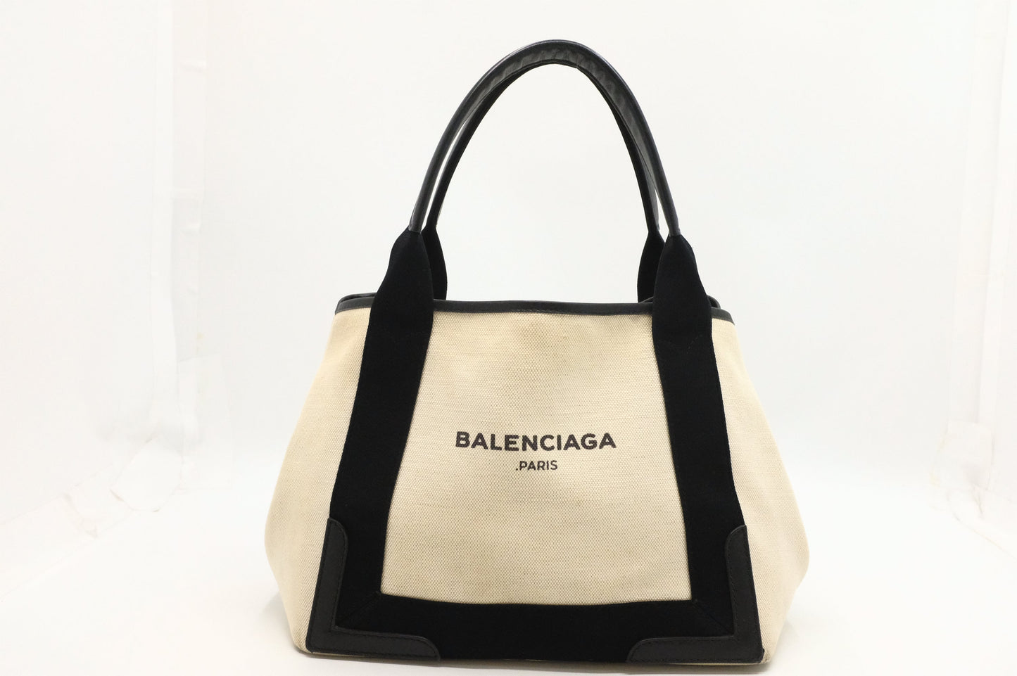 Balenciaga Navy Cabas Small Tote in Ecru and Black Canvas