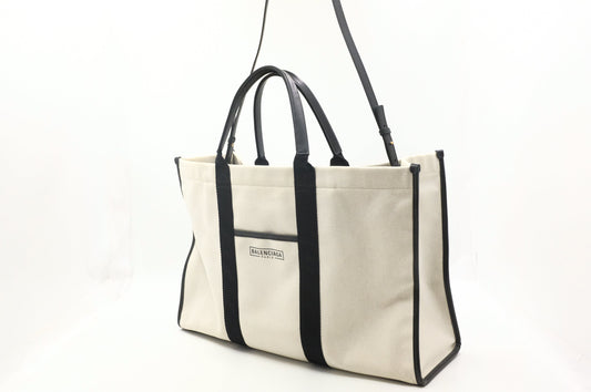 Balenciaga Neo Navy Large Tote in Off-White Canvas and Black Leather