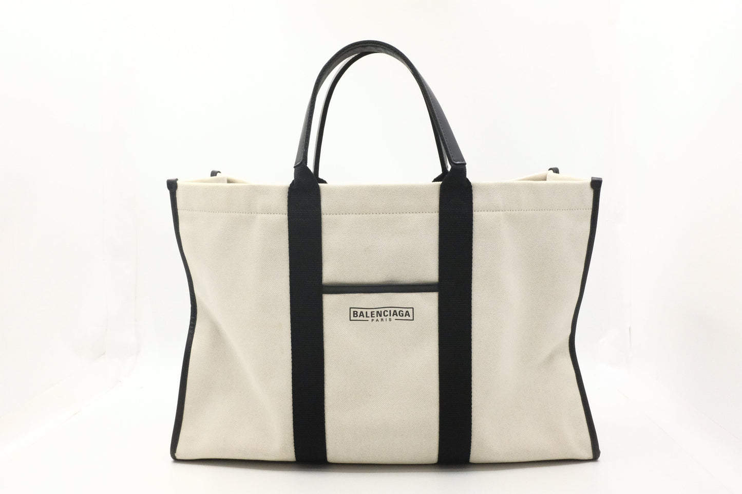 Balenciaga Neo Navy Large Tote in Off-White Canvas and Black Leather