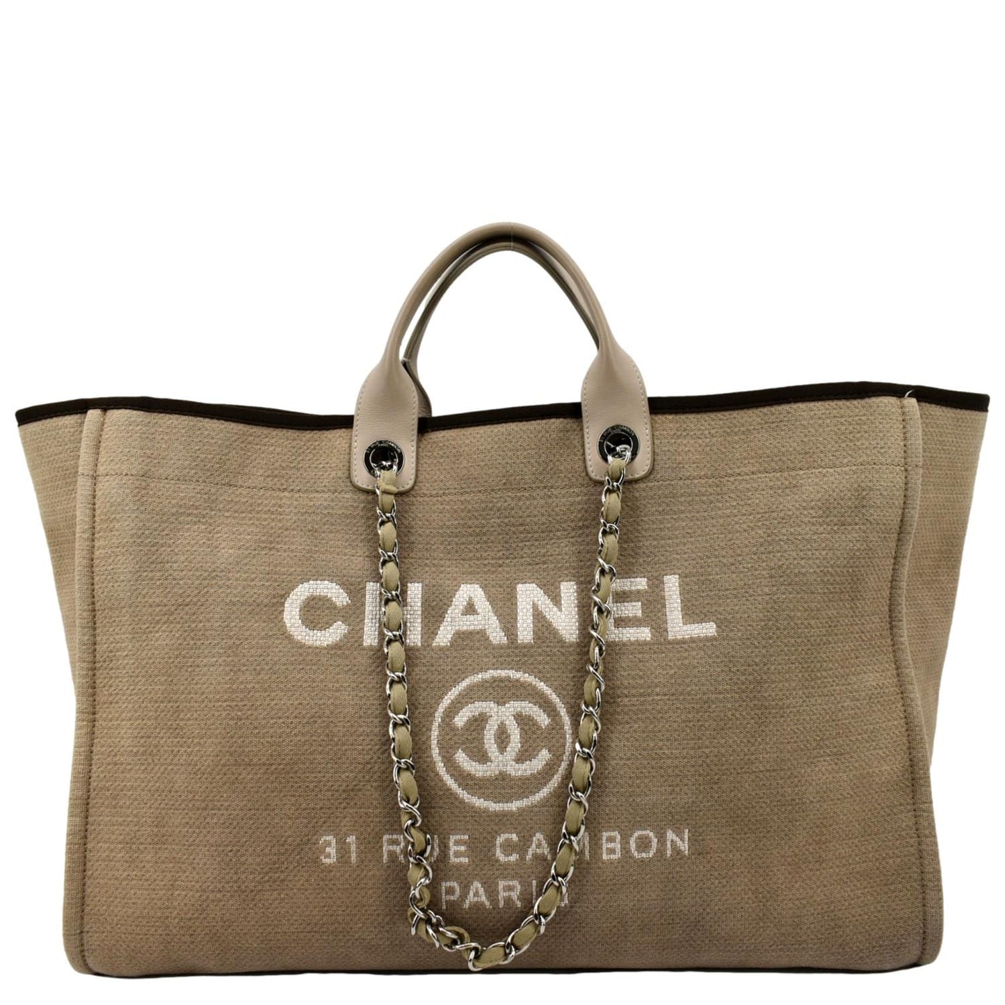 CHANEL Extra Large Deauville Canvas Tote Shoulder Bag Beige