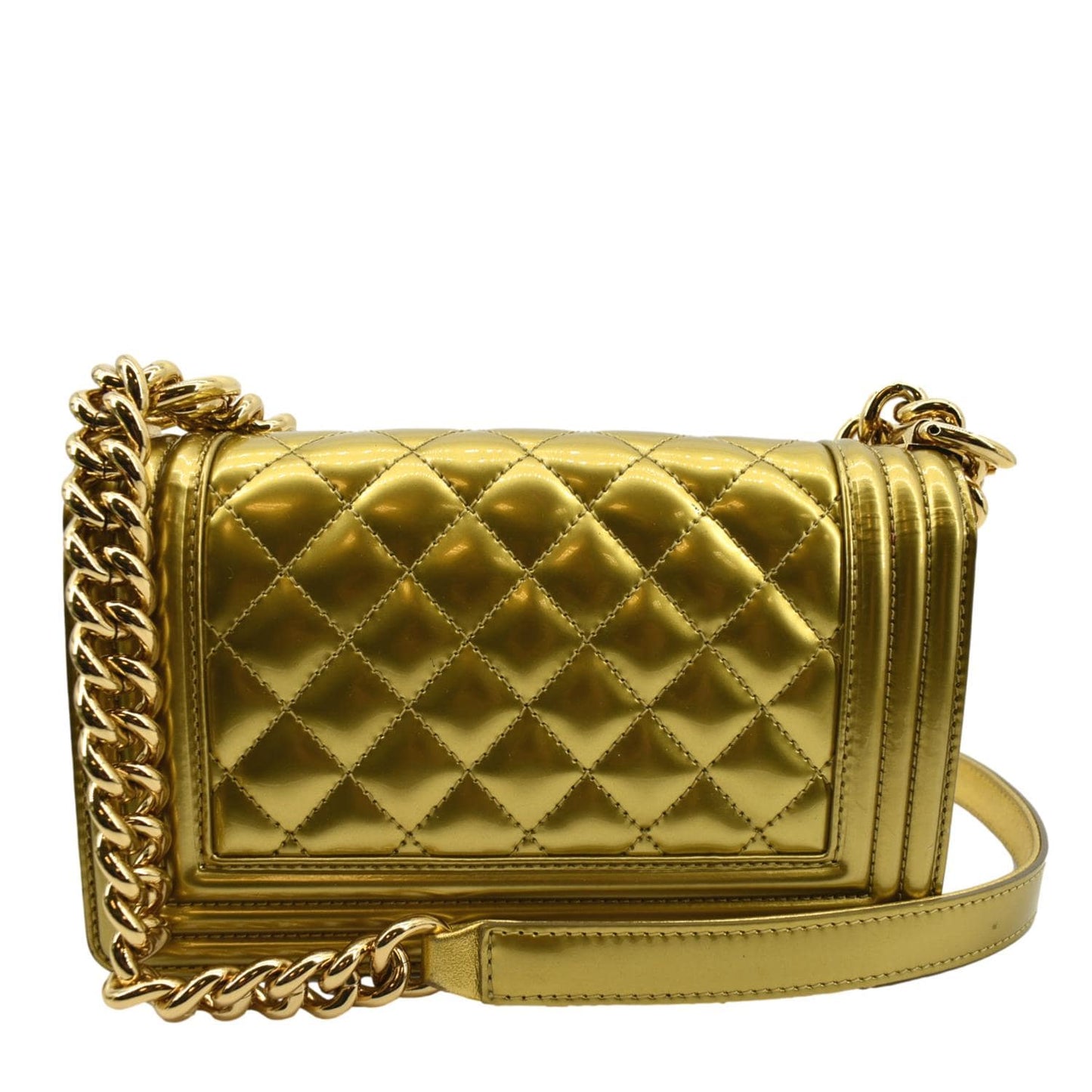 CHANEL Boy Flap Quilted Patent Leather Crossbody Bag Metallic Gold