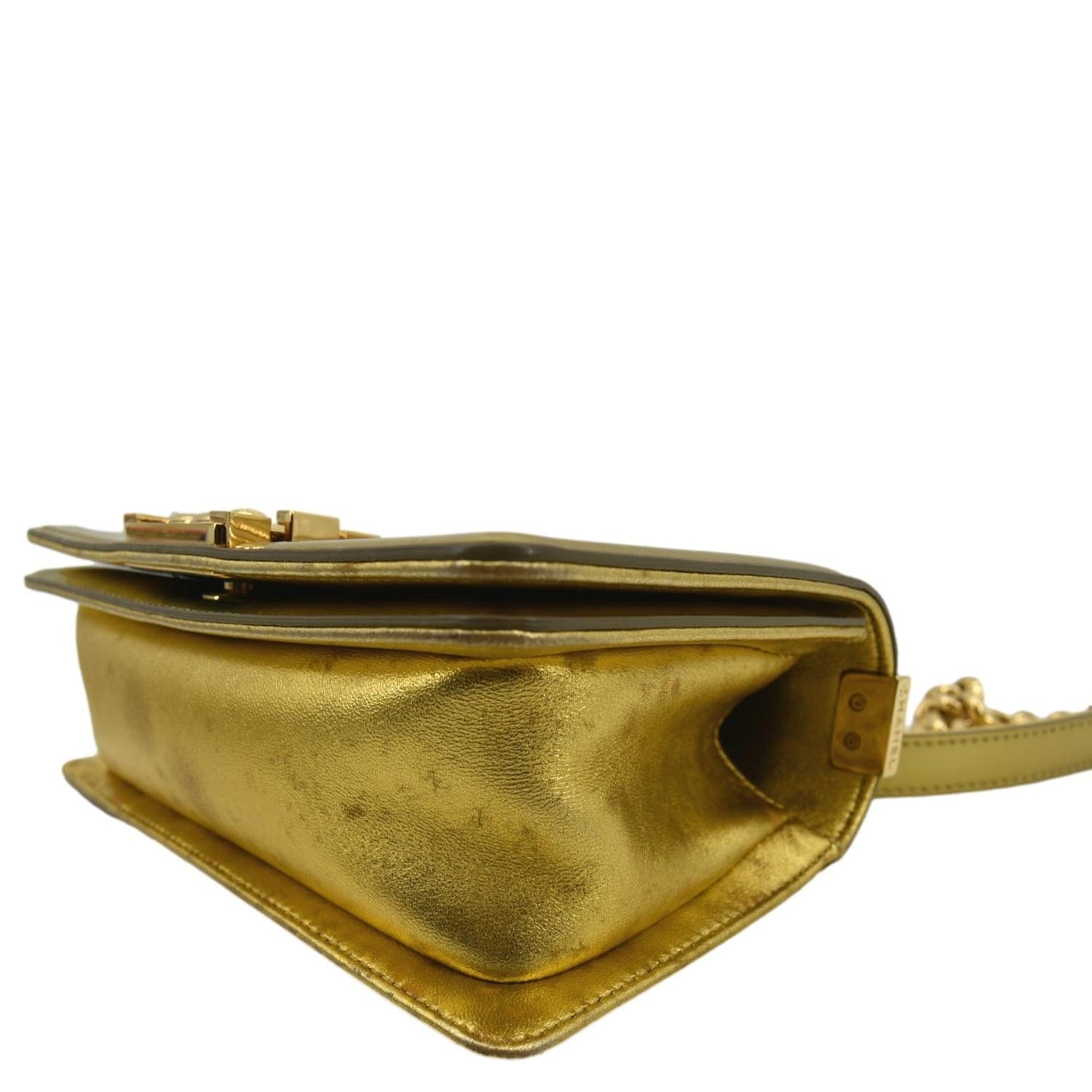 CHANEL Boy Flap Quilted Patent Leather Crossbody Bag Metallic Gold