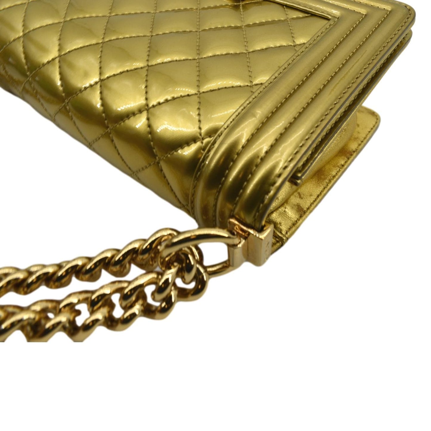 CHANEL Boy Flap Quilted Patent Leather Crossbody Bag Metallic Gold