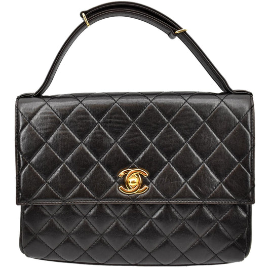 CHANEL   Flap Quilted Leather Top Handle Bag Black