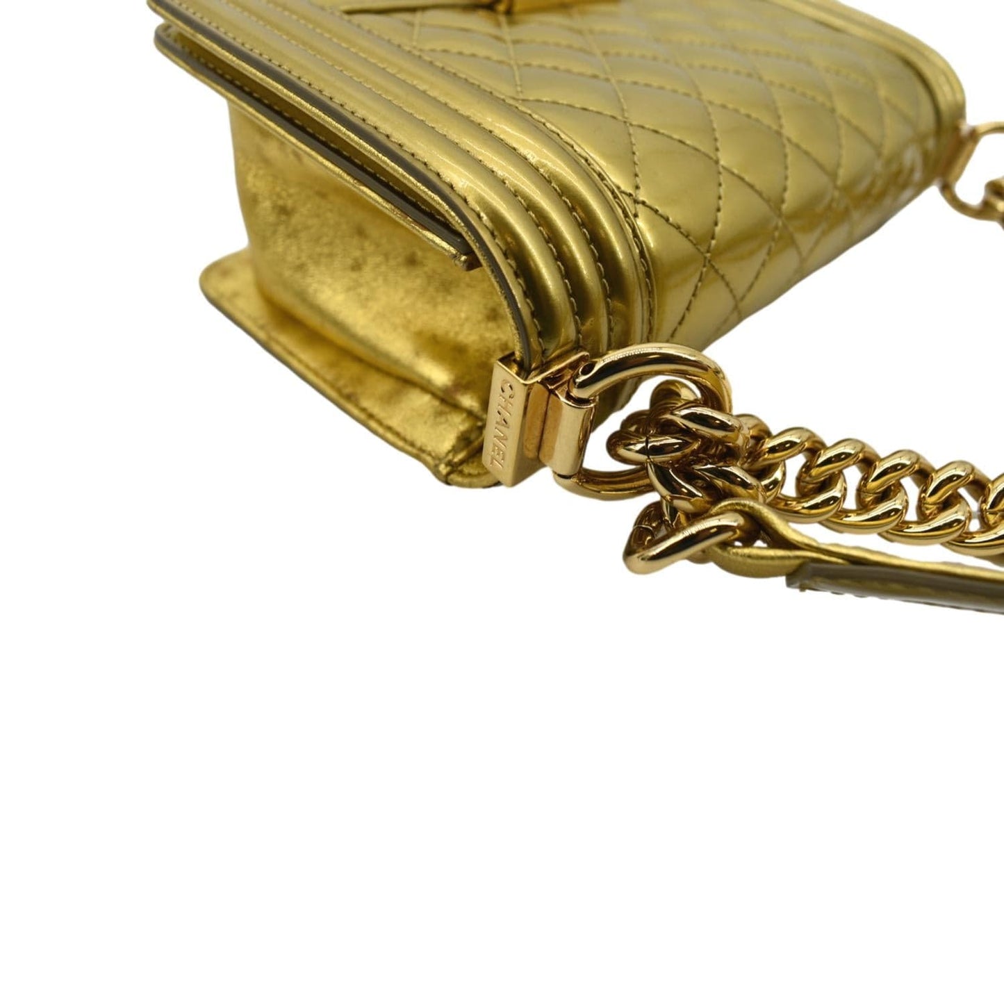 CHANEL Boy Flap Quilted Patent Leather Crossbody Bag Metallic Gold