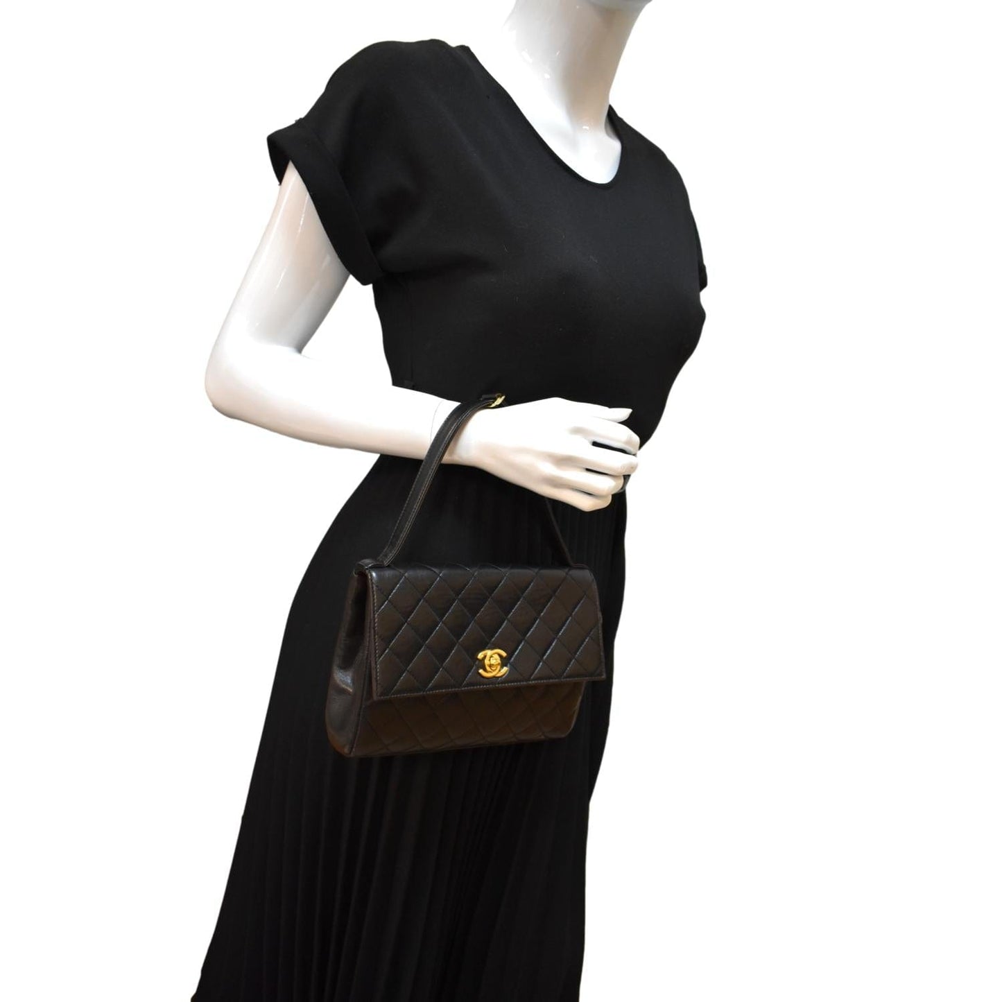 CHANEL   Flap Quilted Leather Top Handle Bag Black