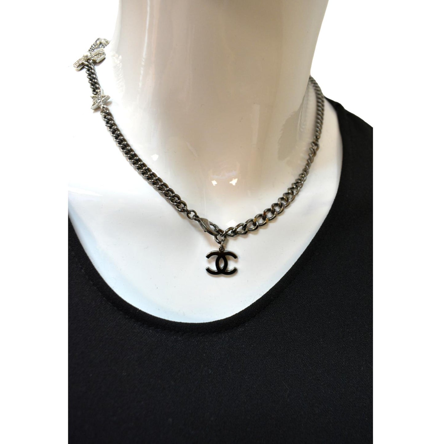 CHANEL CC Star Pearl Round Metal Necklace Silver