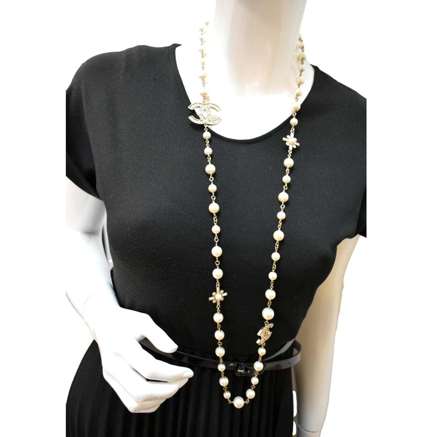 CHANEL Pearl Crystal CC Long Necklace -
