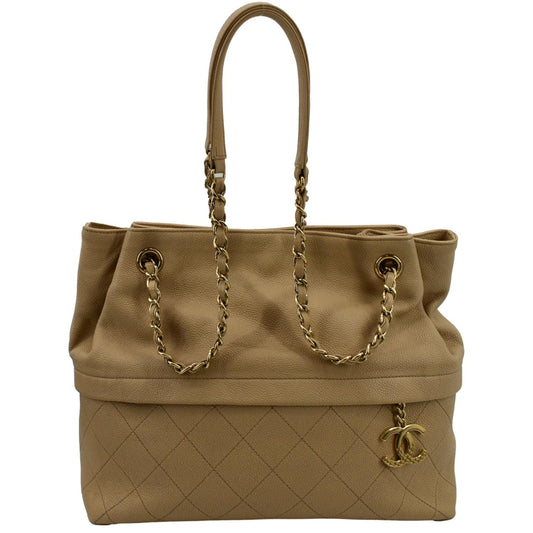 CHANEL Zip Carry Grained Calfskin Leather Shopping Tote Bag Beige