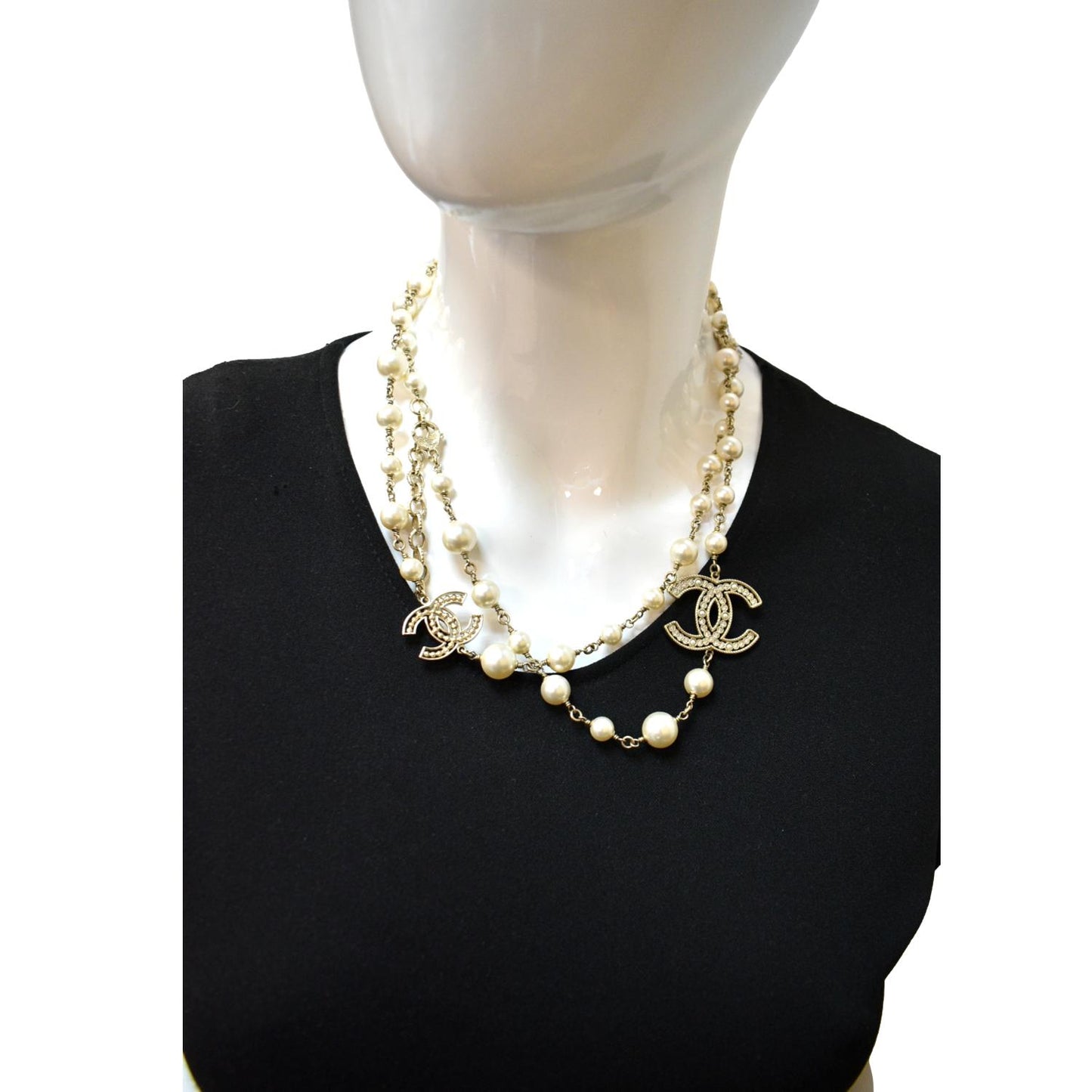 CHANEL Pearl Crystal CC Long Necklace -
