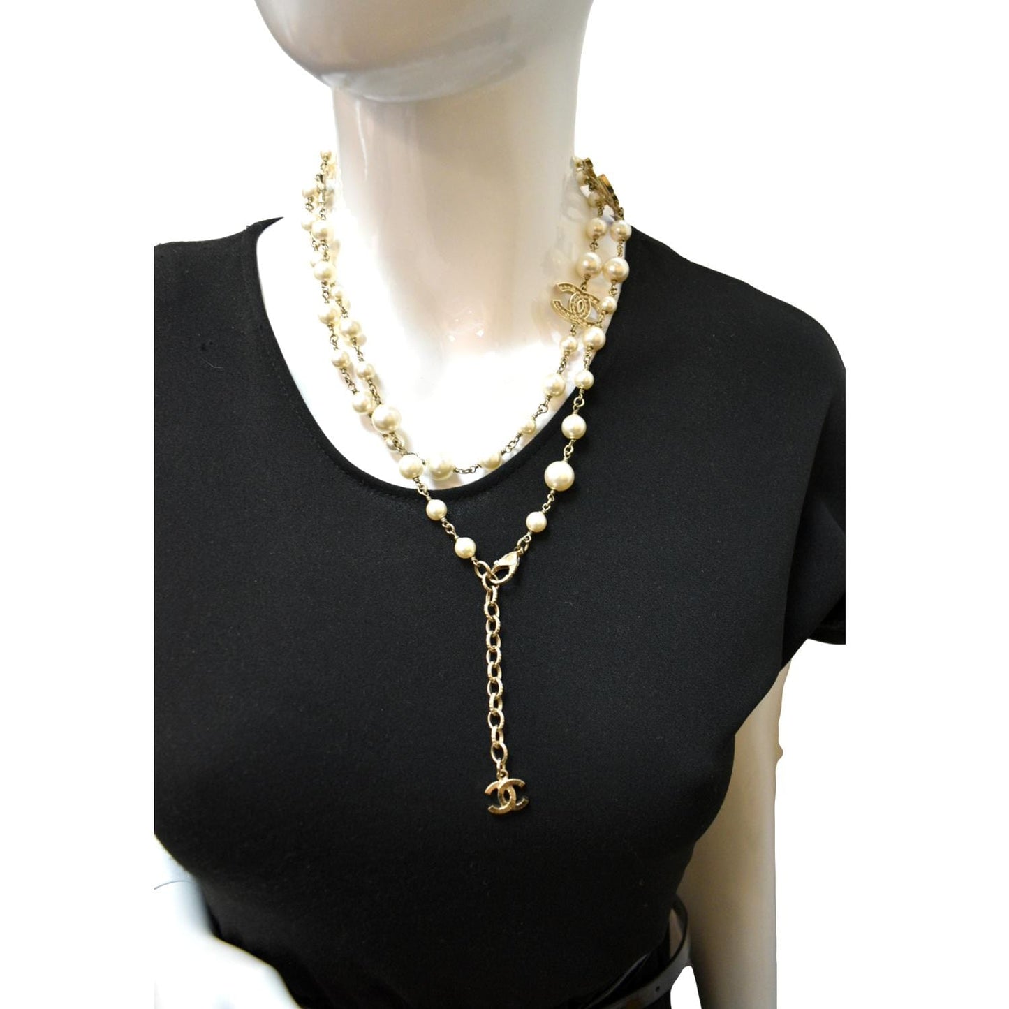 CHANEL Pearl Crystal CC Long Necklace -