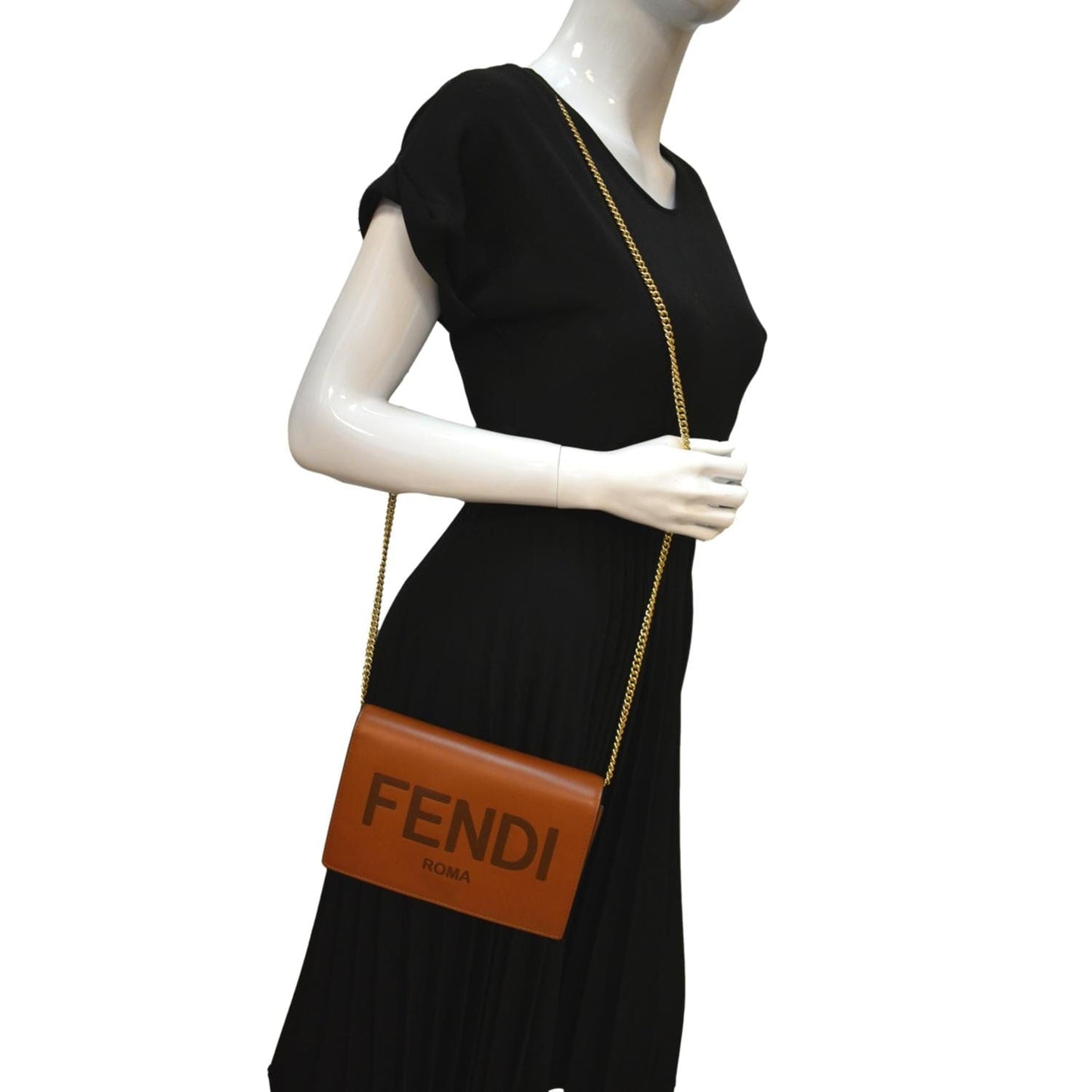 FENDI Roma Leather Wallet on Chain Crossbody Bag Brown