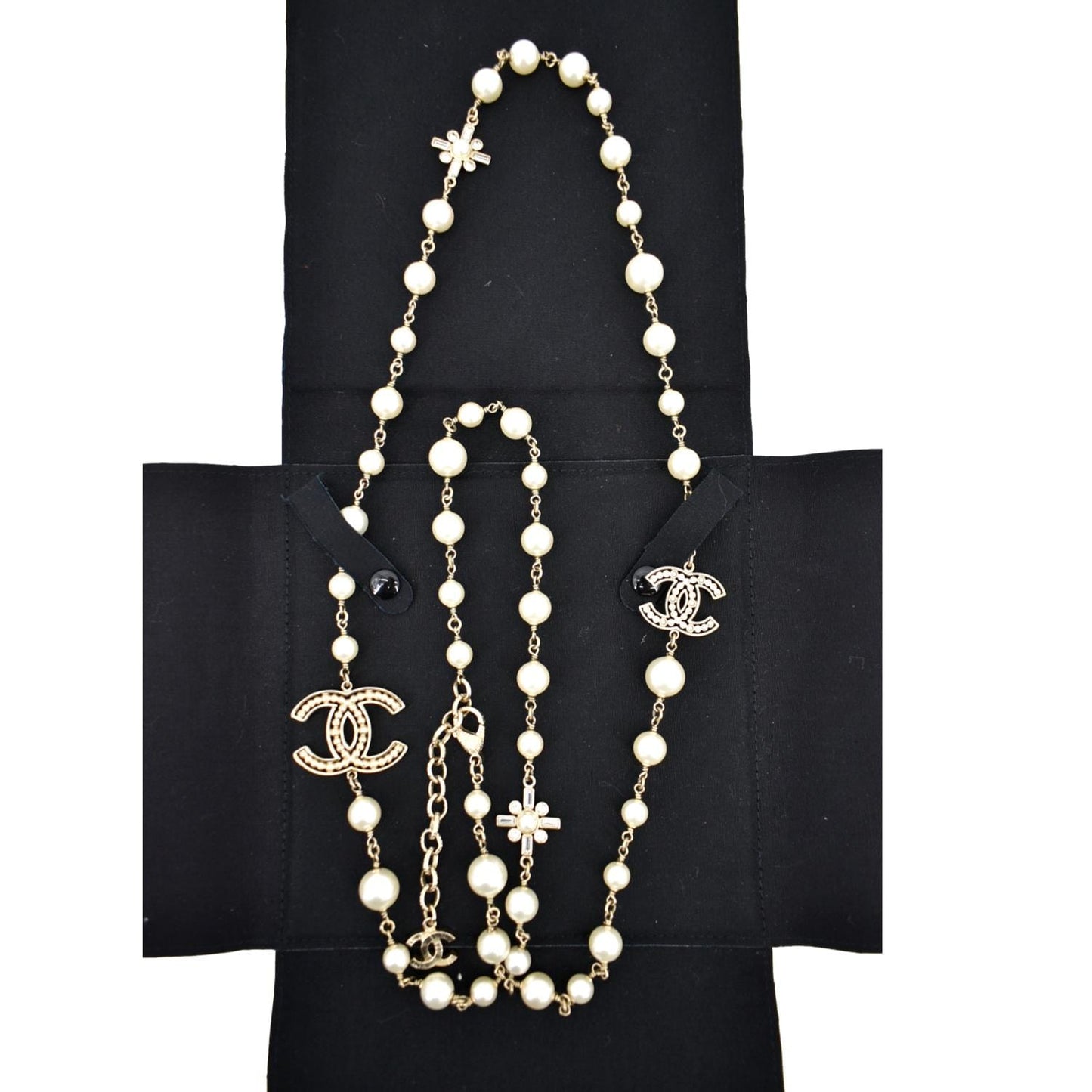 CHANEL Pearl Crystal CC Long Necklace -