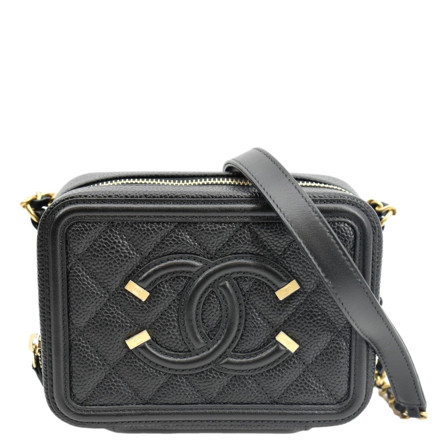 CHANEL CC Filigree Vanity Quilted Caviar Leather Clutch Shoulder Bag Black