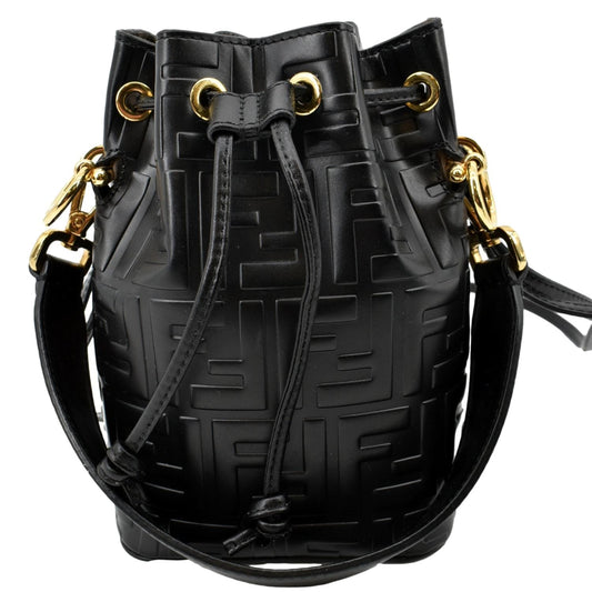 FENDI Mon Tresor Drawstring FF Leather Bucket Bag Black