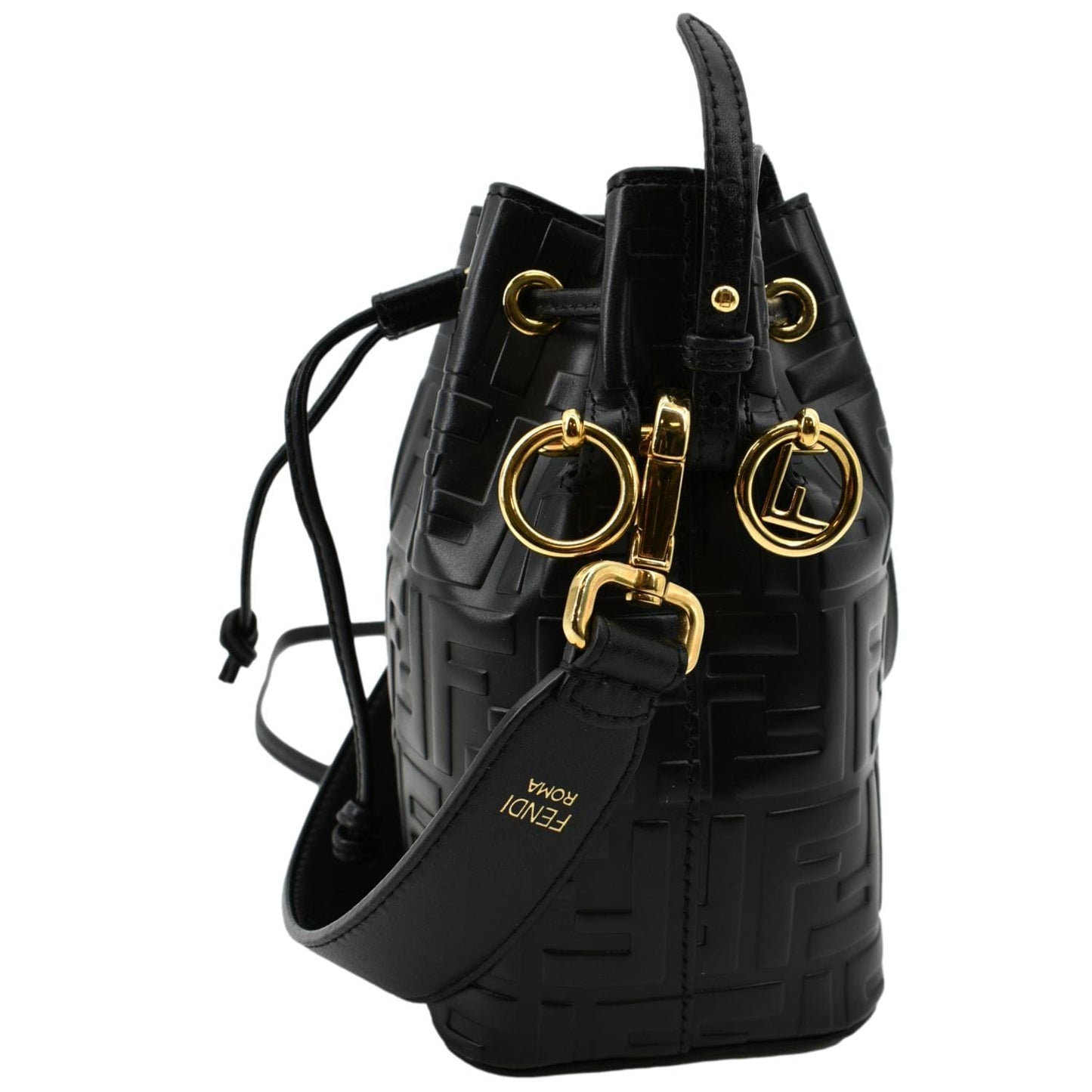 FENDI Mon Tresor Drawstring FF Leather Bucket Bag Black
