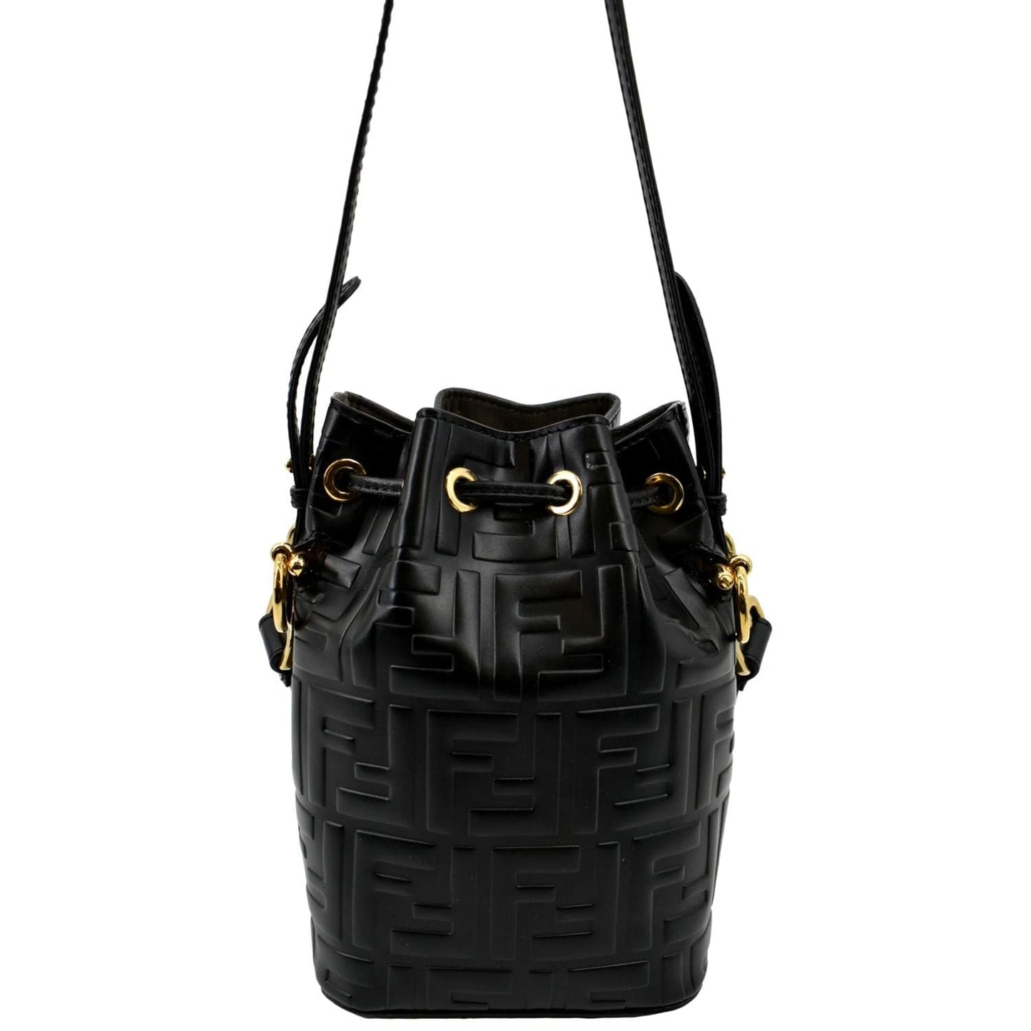 FENDI Mon Tresor Drawstring FF Leather Bucket Bag Black