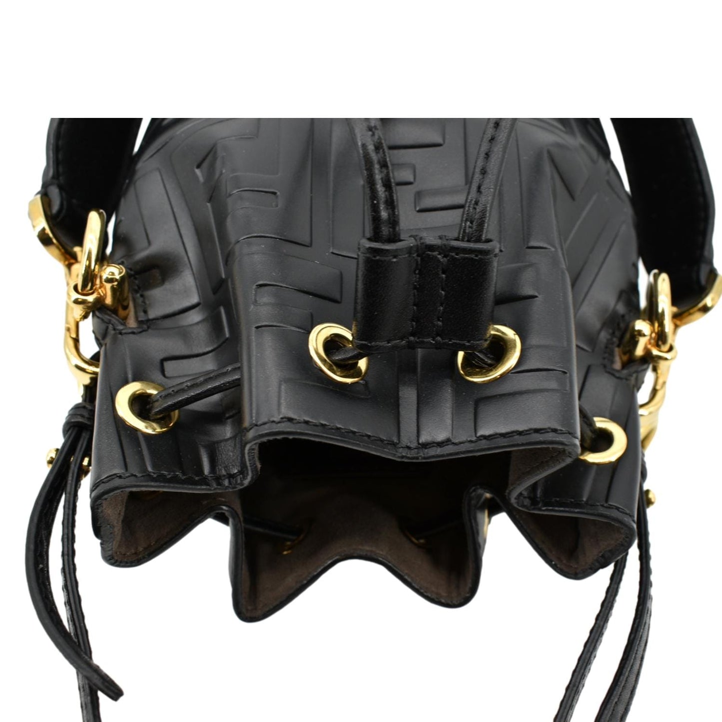 FENDI Mon Tresor Drawstring FF Leather Bucket Bag Black
