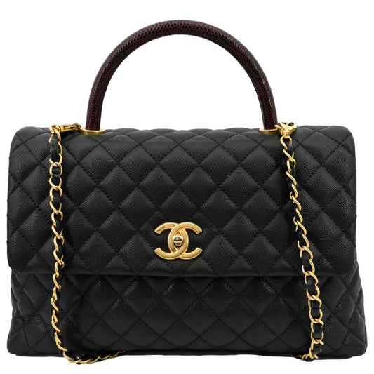 CHANEL Small Coco Quilted Caviar Lizard Handle Shoulder Bag Black  - Hot Deals