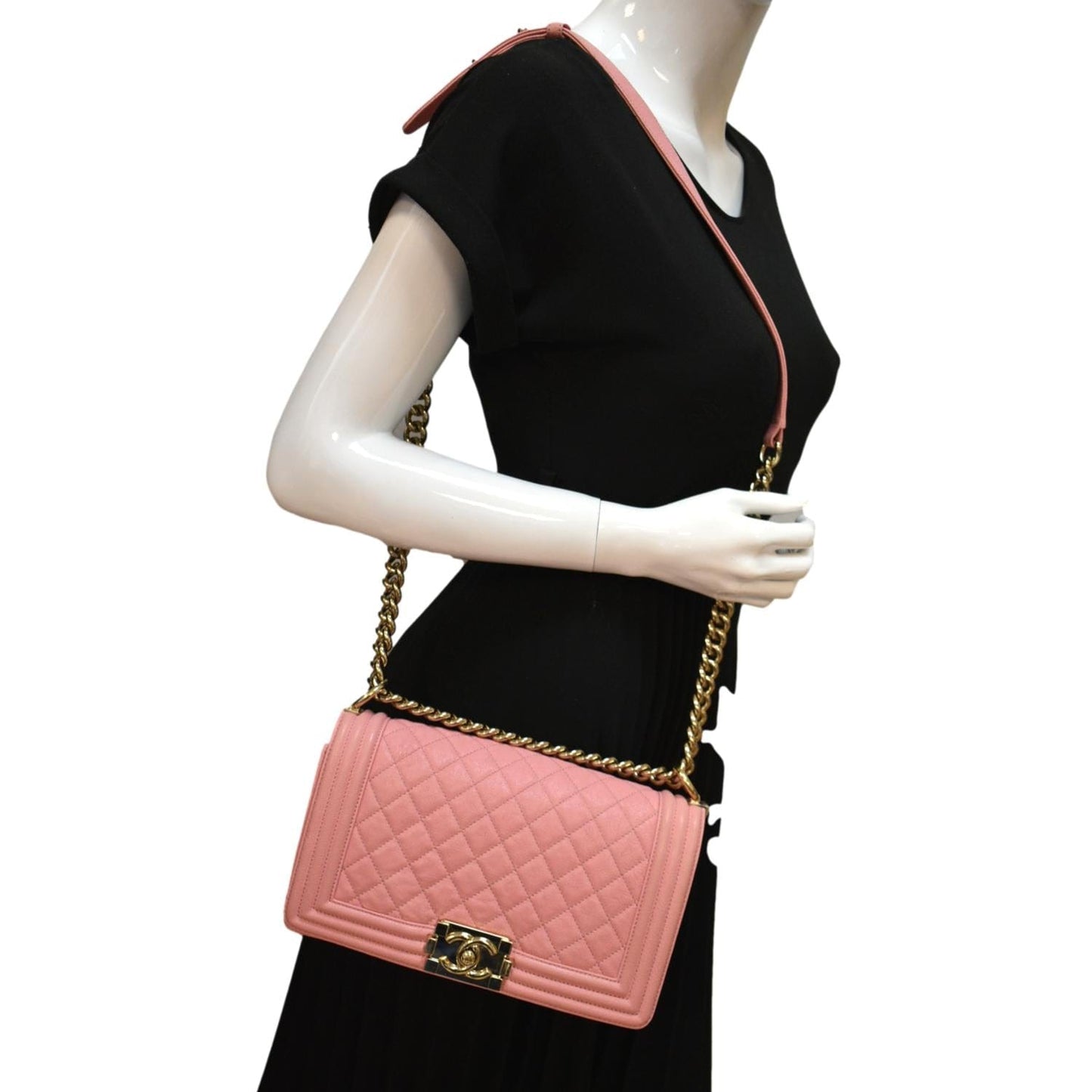 CHANEL Medium Boy Flap Caviar Leather Crossbody Bag Pink