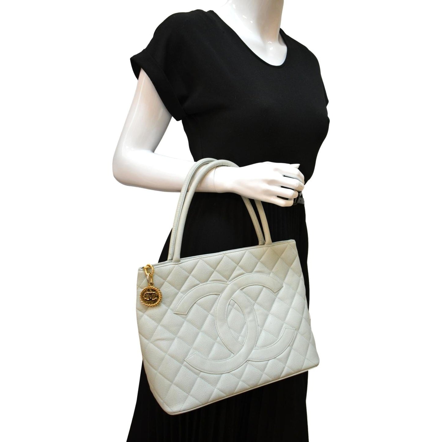 CHANEL Medallion Quilted Caviar Leather Tote Bag White