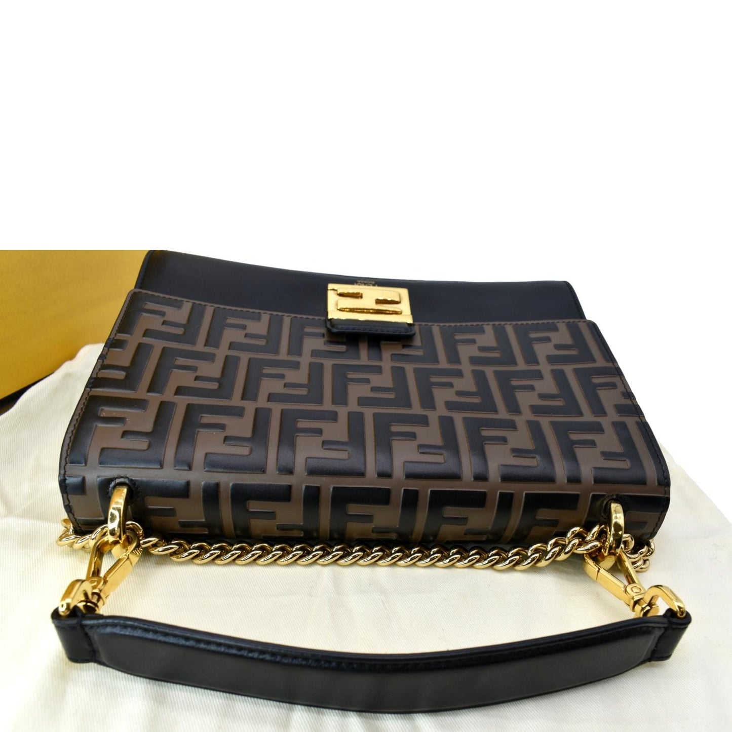 FENDI Kan I FF Logo Embossed Leather Crossbody Bag Brown