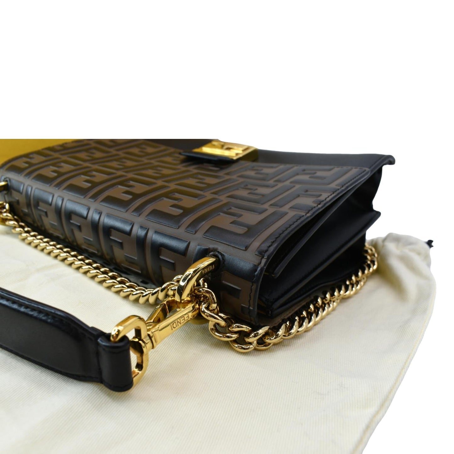 FENDI Kan I FF Logo Embossed Leather Crossbody Bag Brown