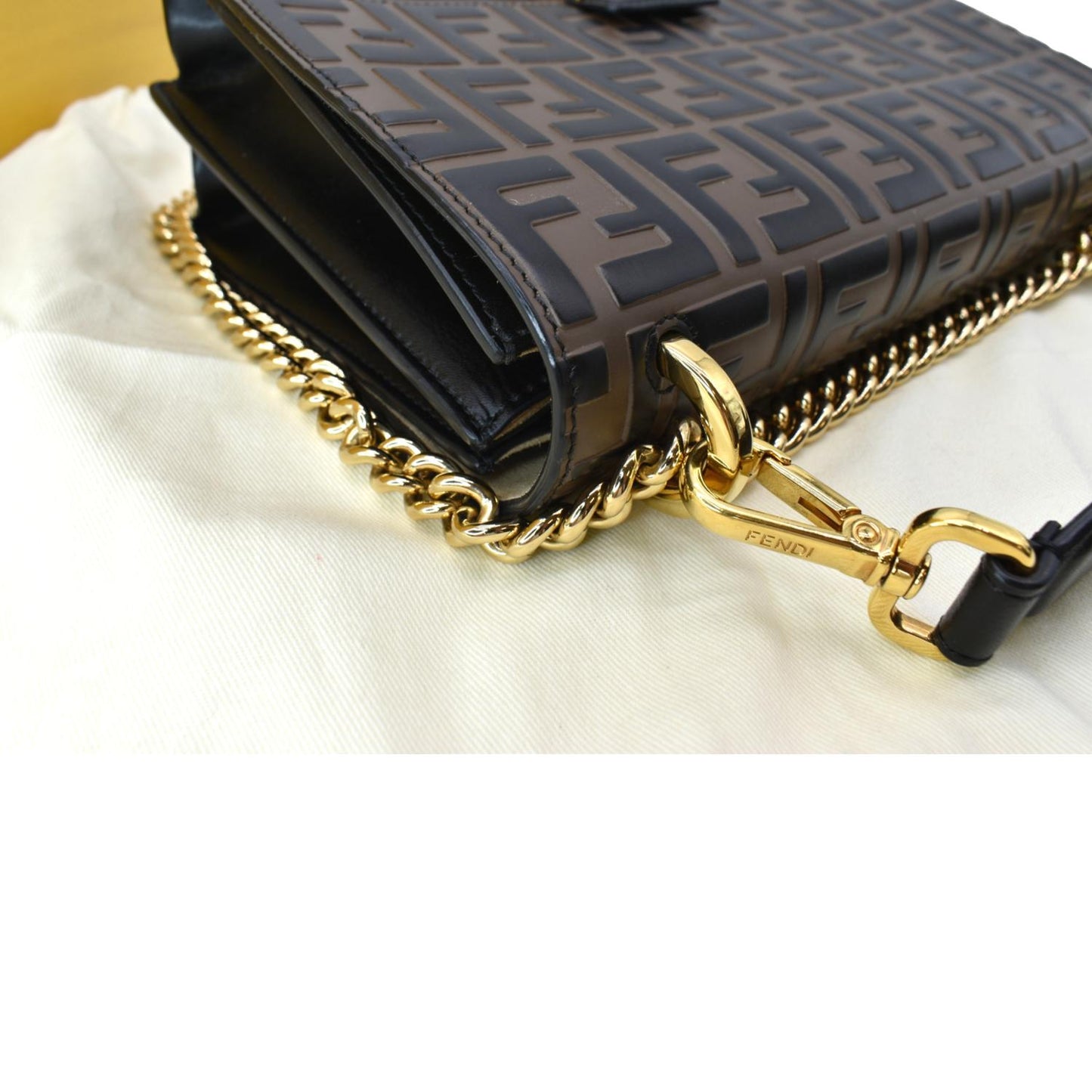 FENDI Kan I FF Logo Embossed Leather Crossbody Bag Brown
