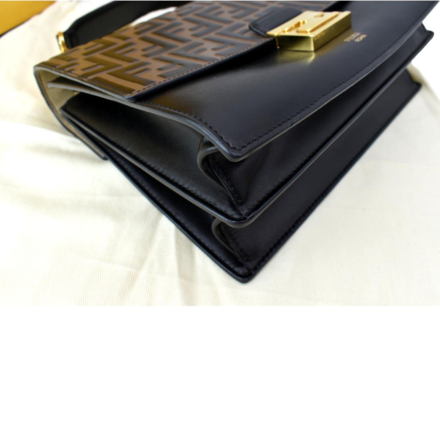 FENDI Kan I FF Logo Embossed Leather Crossbody Bag Brown