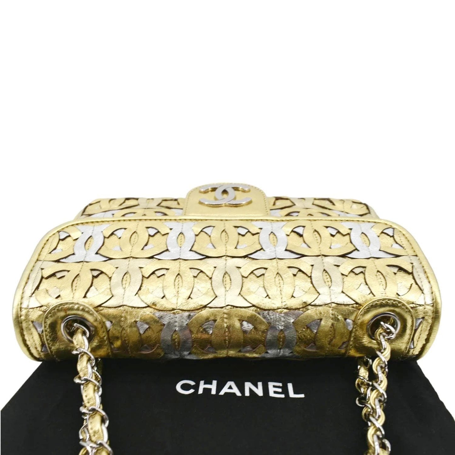 CHANEL Mix Medium Flap CC Crackled Calfskin Shoulder Bag Silver Gold