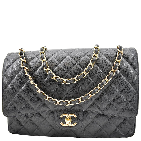 CHANEL Maxi Classic Flap Caviar Leather Shoulder Bag Black