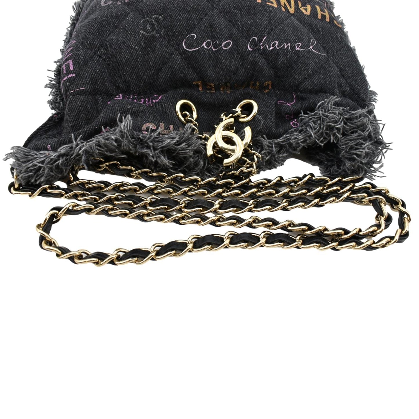 CHANEL Denim Mood Logo Printed Quilted Fringe Denim Chain Bucket Bag Black