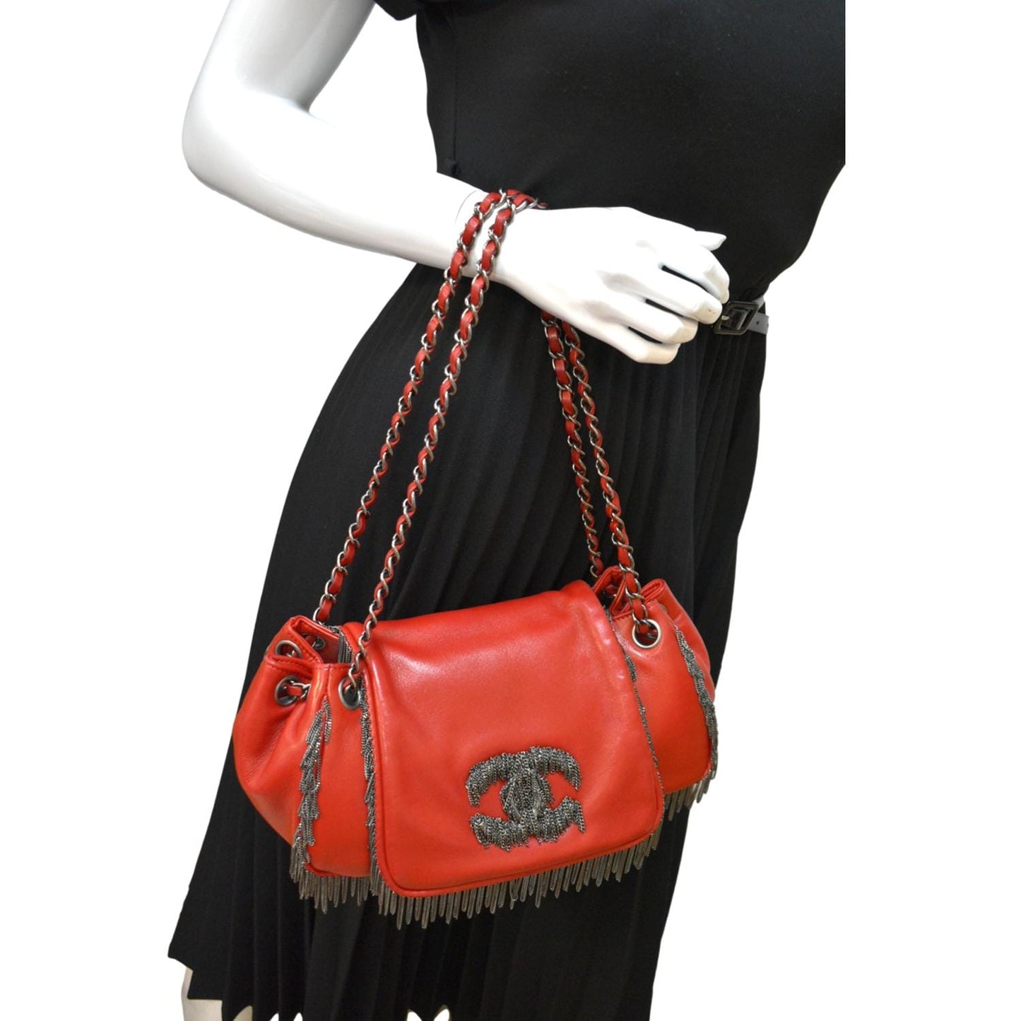 CHANEL Chain Fringe Flap Lambskin Leather Shoulder Bag Red