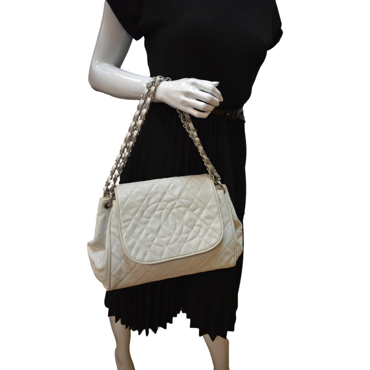 CHANEL Timeless Accordion Flap Caviar Leather Shoulder Bag White