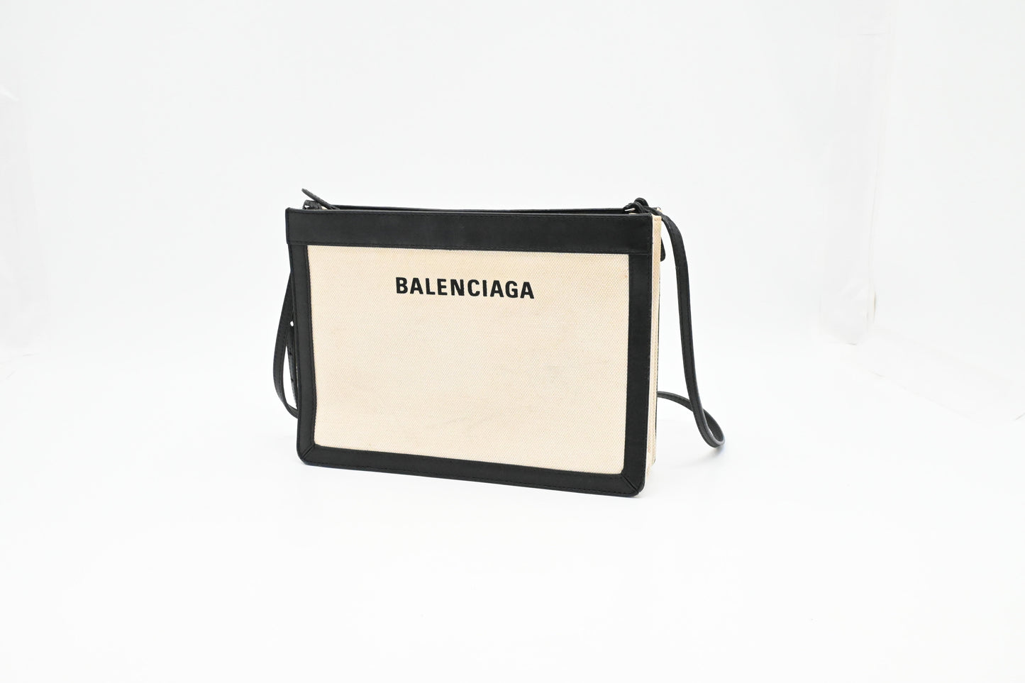 Balenciaga Navy Pochette Crossbody in Off White Canvas