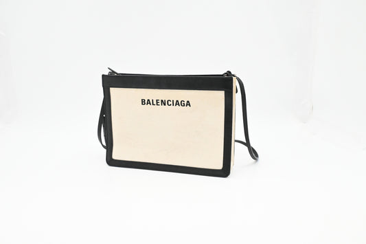 Balenciaga Navy Pochette Crossbody in Off White Canvas