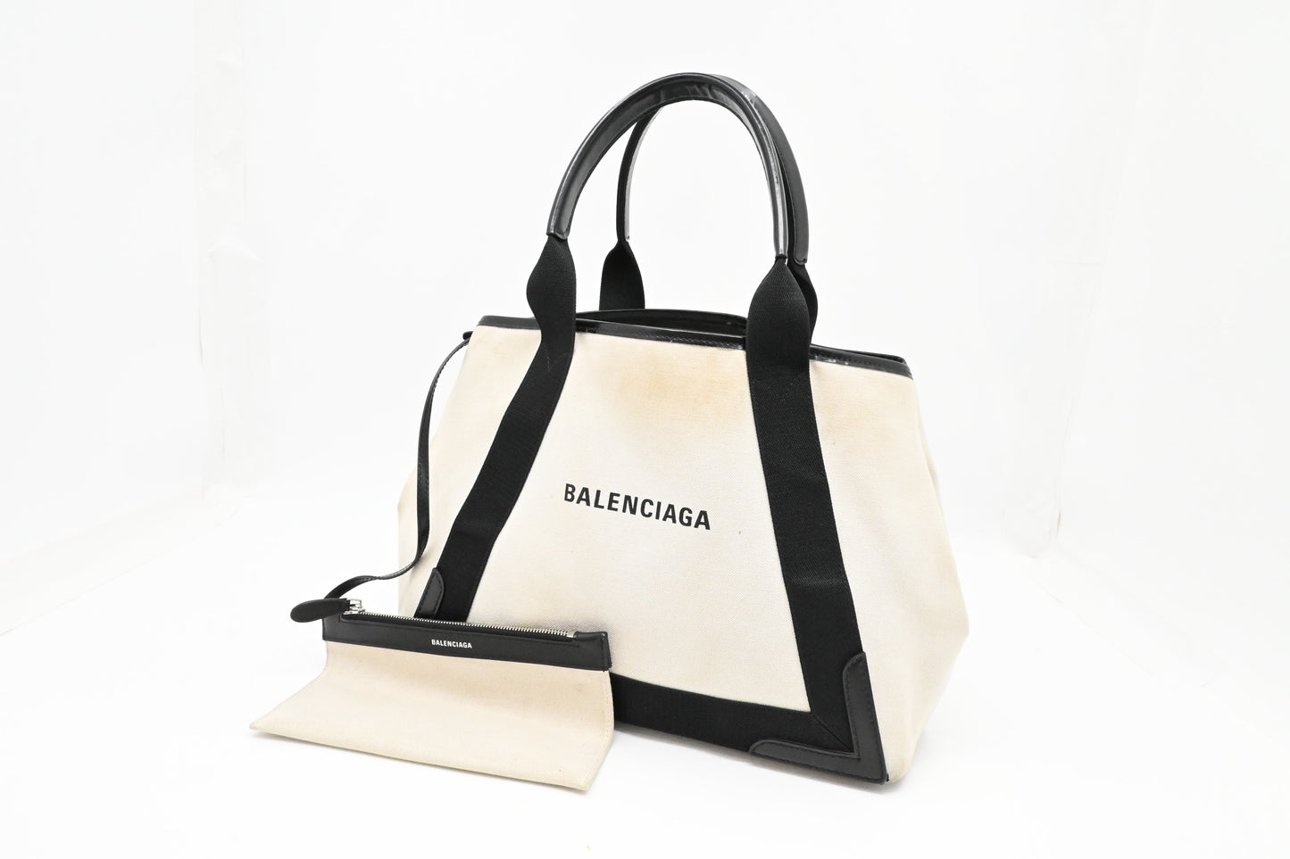 Balenciaga Large Navy Cabas Tote in Ecru Canvas