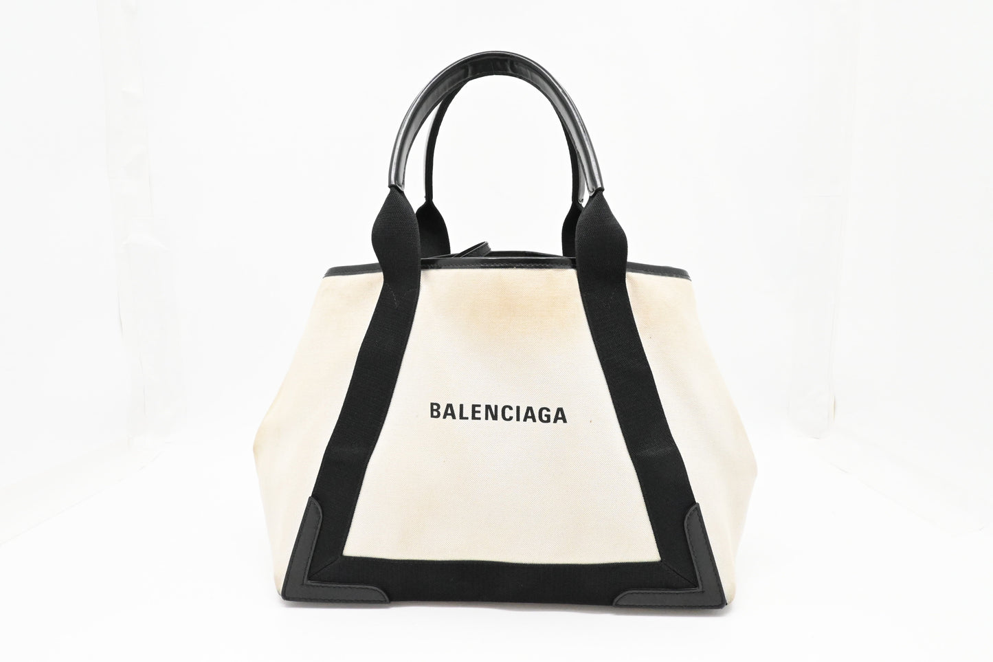 Balenciaga Large Navy Cabas Tote in Ecru Canvas