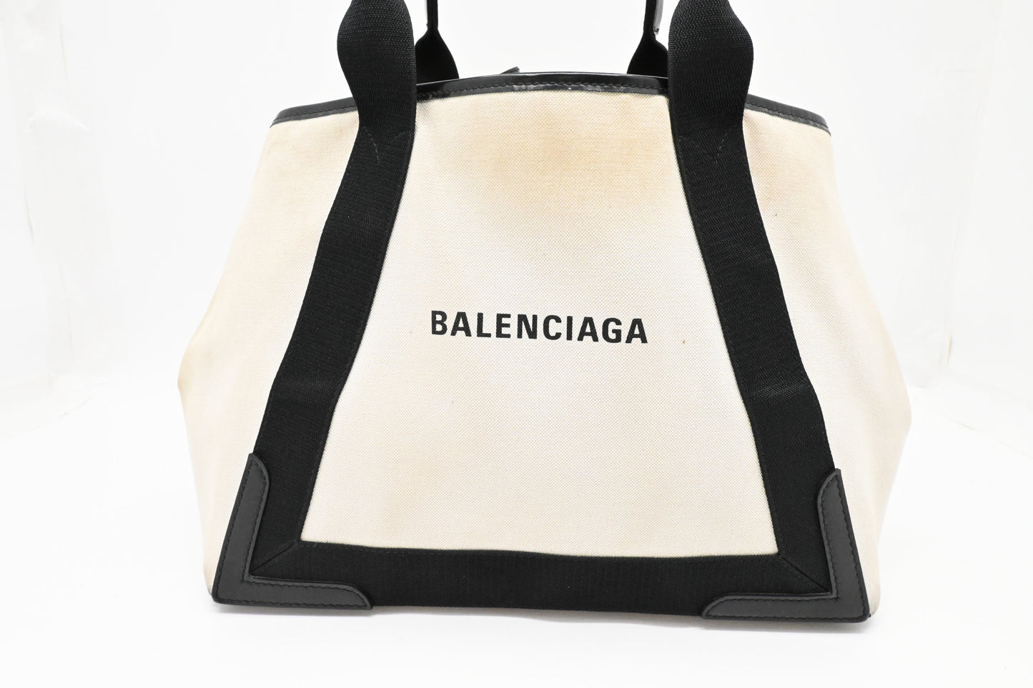 Balenciaga Large Navy Cabas Tote in Ecru Canvas