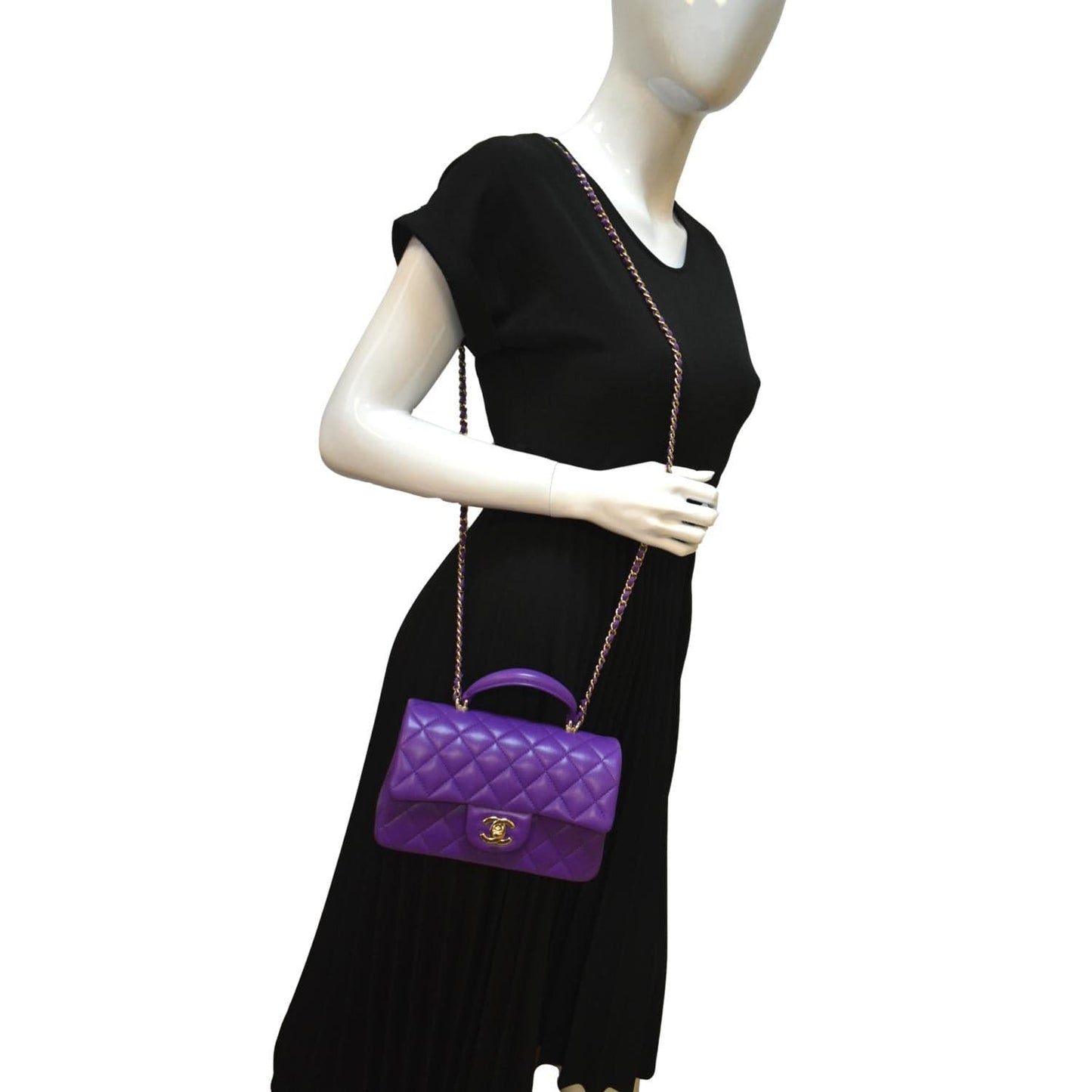 CHANEL Mini Top Handle Rectangular Flap Lambskin Crossbody Bag Purple